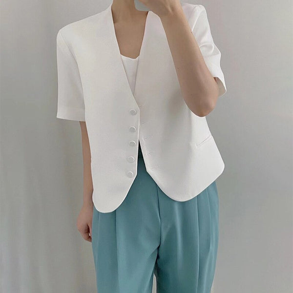 Korean Summer Short Sleeve Crop Tops Women Single Breasted Blazers Elegant V-neck All Match 2022 Solid Woman Suits