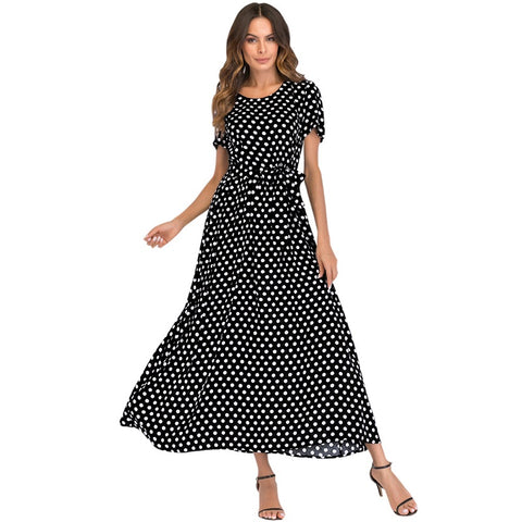 Korean Fashion Women Maxi Long Dress Vintage Polka Dot Dress Short Sleeves High Waist A-Line Beach Dress Plus Size 3XL 4XL 5XL