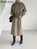 Korean Woolen Dress Women Winter Turtleneck Elegant Gray Long Sleeve Knitting Dress Solid Autumn Sweater Clothing