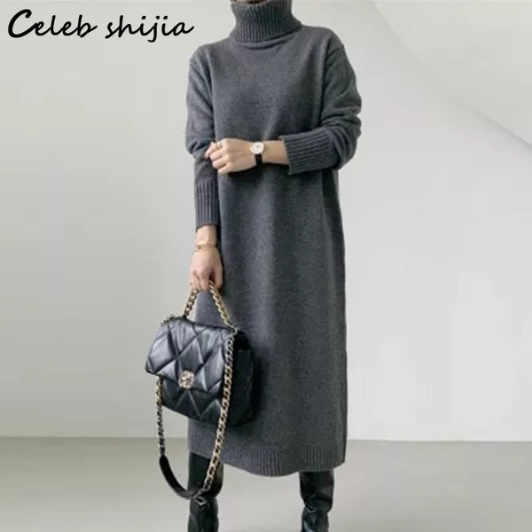 Korean Woolen Dress Women Winter Turtleneck Elegant Gray Long Sleeve Knitting Dress Solid Autumn Sweater Clothing