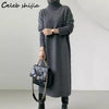 Korean Woolen Dress Women Winter Turtleneck Elegant Gray Long Sleeve Knitting Dress Solid Autumn Sweater Clothing
