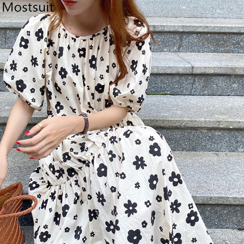 Korean Floral Printed Women Long Dress Summer Puff Sleeve O-neck Loose Waist Midi Dresses Vintage Beach Female Vestidos Mujer