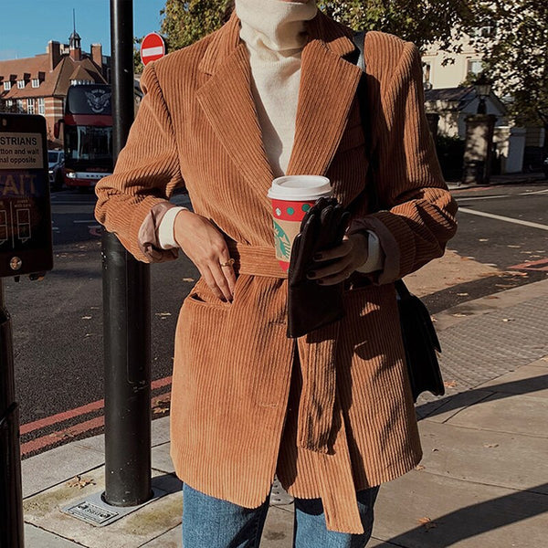 Korean Jacket Coat Chic Autumn French Women Lapel Two Waist Closing Long Sleeve Corduroy Suit