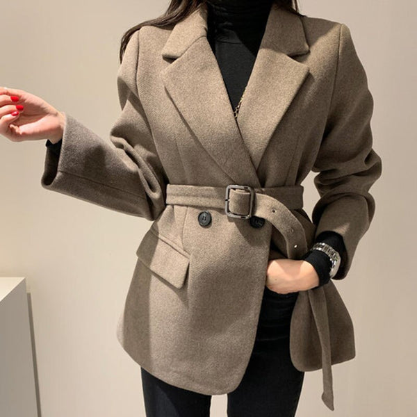 Korean Jacket Female Chic Autumn French Suit Collar Two Slim Long Sleeved Cardigan Wool With Belt