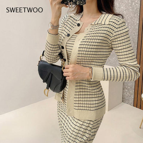 Korean Knitting 3 Pieces Set Women Knitted Sling + Cardigan and Pencil Skirts Casual Simple Office Lady Skirt Suit Tide