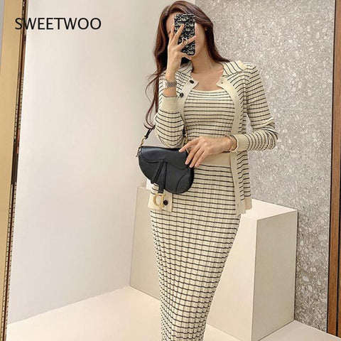 Korean Knitting 3 Pieces Set Women Knitted Sling + Cardigan and Pencil Skirts Casual Simple Office Lady Skirt Suit