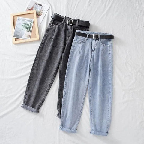 Korean Mom Jean Vintage Female Denim Trousers Plus Size Pantalon With Belt High Waist Jeans Women Harem Pants Loose Casual