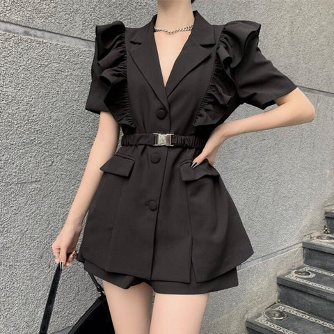 Korean OL Work 2 Piece Sets Womens Outfits Puff Sleeve Blazer Coat Top + Shorts Suits Women's Suit Elegant Pant Suits