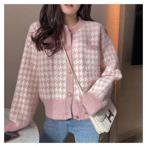 Korean Pink Y2K Houndstooth Cardigan Women Short Sweater Retro Vintage Cashmere Knitwear 2023 Winter Autumn O-Neck Knitted Coat