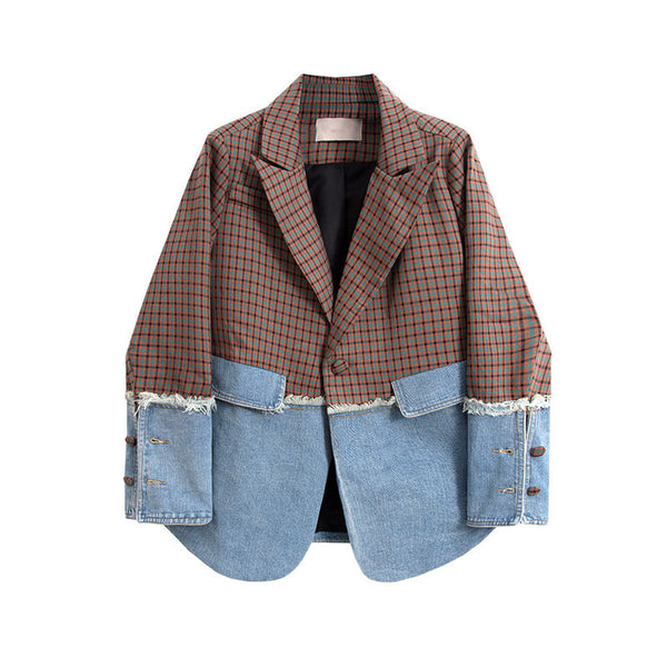 Korean Plaid Frayed Burrs Denim Patchwork Blazers Women Spring Autumn Casual Notched Collar Long Sleeve Female Suit Coat Outwear