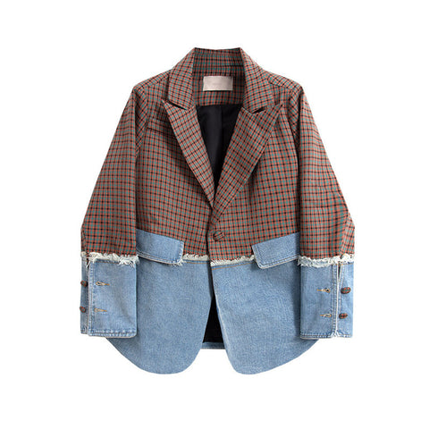 Korean Plaid Frayed Burrs Denim Patchwork Blazers Women Spring Autumn Casual Notched Collar Long Sleeve Female Suit Coat Outwear