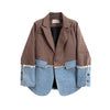 Korean Plaid Frayed Burrs Denim Patchwork Blazers Women Spring Autumn Casual Notched Collar Long Sleeve Female Suit Coat Outwear