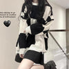 Korean Plaid Oversize Long Sweater Emo Alt Clothes Y2k Womens Harajuku Hollow Out Knitted Crewneck Jumper Pullover Female Tops