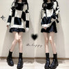 Korean Plaid Oversize Long Sweater Emo Alt Clothes Y2k Womens Harajuku Hollow Out Knitted Crewneck Jumper Pullover Female Tops