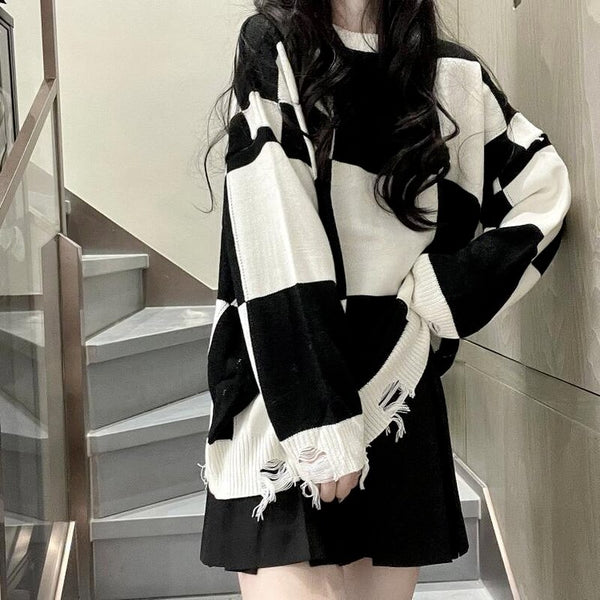 Korean Plaid Oversize Long Sweater Emo Alt Clothes Y2k Womens Harajuku Hollow Out Knitted Crewneck Jumper Pullover Female Tops