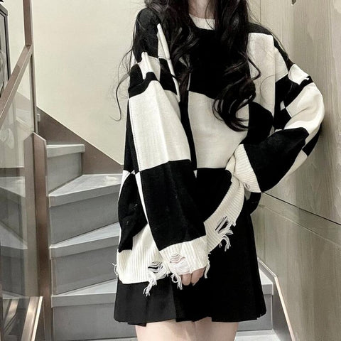 Korean Plaid Oversize Long Sweater Emo Alt Clothes Y2k Womens Harajuku Hollow Out Knitted Crewneck Jumper Pullover Female Tops