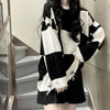 Korean Plaid Oversize Long Sweater Emo Alt Clothes Y2k Womens Harajuku Hollow Out Knitted Crewneck Jumper Pullover Female Tops