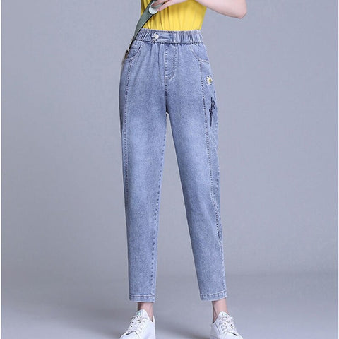 Korean Plus Size Jeans Femme Taille Haute Streetwear Loose Blue Jeans Slim Women Graphic Cute Denim Harem Pants Cowboy Woman