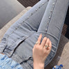 Korean Spring Autumn Sweet High Waist Split Denim Pants Women Elegant Chic Beading Bowknot Boot Cut Pants Vintage Fairy Jeans
