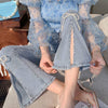 Korean Spring Autumn Sweet High Waist Split Denim Pants Women Elegant Chic Beading Bowknot Boot Cut Pants Vintage Fairy Jeans