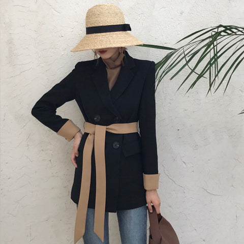 Korean Style 2022 Spring Women Blazers Solid Elegant Mid-Long Double Breasted Slim Lace up Women Blazer and Jackets femme AO531