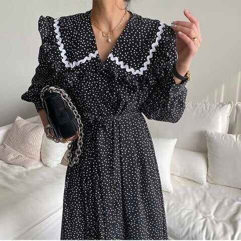 Korean Style Chic French Retro Western Style Youthful-Looking Small Polka Dot Wooden Ear Lapel Loose Slimming Midi Dress