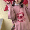 Korean Style Cute Kawaii Knitted Sweater Women Preppy Style Cartoon Print Pullovers Pink Long Sleeve Oversize Jumper