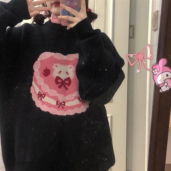 Korean Style Cute Kawaii Knitted Sweater Women Preppy Style Cartoon Print Pullovers Pink Long Sleeve Oversize Jumper