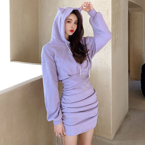 Korean Style Gothic Emo Harajuku Y2K Long Hoodies Dress Women Autumn Winter Cat Ear Mini Dress Bodycon Party Bandage Dresses 90s