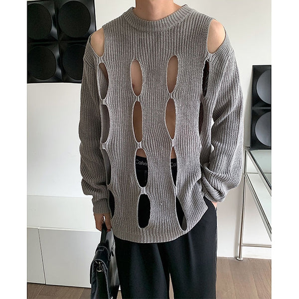 Korean Style Loose Hip Hop Harajuku Sweaters Unisex Hollowed Out Streetwear Pull Jumpers Green Black Grey BF Grunge Y2K Sweaters