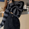 Korean Style Striped Print Cropped Knitted Sweater Harajuku Shirts Women Vintage O-neck Autumn Winter Long Sleeve Jumper Y2K Top