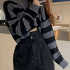 Korean Style Striped Print Cropped Knitted Sweater Harajuku Shirts Women Vintage O-neck Autumn Winter Long Sleeve Jumper Y2K Top
