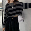 Korean Style Striped Print Cropped Knitted Sweater Harajuku Shirts Women Vintage O-neck Autumn Winter Long Sleeve Jumper Y2K Top