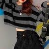 Korean Style Striped Print Cropped Knitted Sweater Harajuku Shirts Women Vintage O-neck Autumn Winter Long Sleeve Jumper Y2K Top