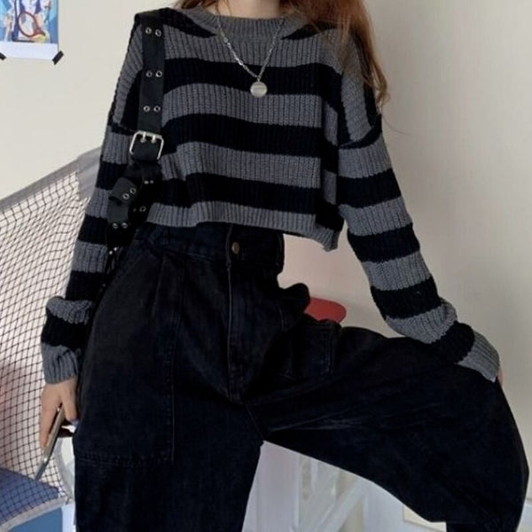 Korean Style Striped Print Cropped Knitted Sweater Harajuku Shirts Women Vintage O-neck Autumn Winter Long Sleeve Jumper Y2K Top
