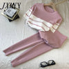 Korean Summer Butterfly Contrast Knitted 2 Peice Set Women Short Sleeve Sweater Female Tops+pants Suit Pink Casual Tracksuit