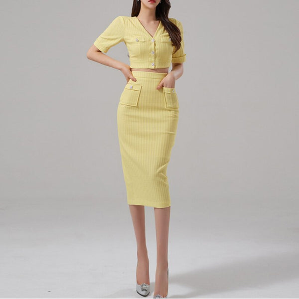 Korean Summer Women 2 Piece Set Office OL Elegant V Neck Short Sleeve Crop Small Blazer +High Waist Bodycon Pencil Skirt Suits
