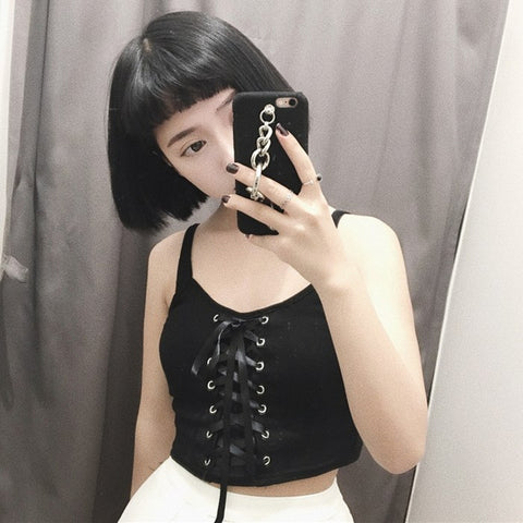Korean Summer Women Slim Lace-up Exposed Navel Short Tanks Top 2022 Harajuku Women Casual Black Personality Small Sexy Tank Tops