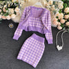 Korean Sweet Knit Plaid Cardigans + Camisole + Skirts 3pcs Sets Girls Short Sweater Coat + Vest + Mini Skirt Suits Women Outfits