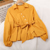 Korean V-Neck Button Ruffle Shirt Women Elegant Lantern Sleeve Elastic Waist Blouses Sweet Lace-Up Sashes Pullover Tops