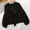 Korean V-Neck Button Ruffle Shirt Women Elegant Lantern Sleeve Elastic Waist Blouses Sweet Lace-Up Sashes Pullover Tops