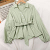 Korean V-Neck Button Ruffle Shirt Women Elegant Lantern Sleeve Elastic Waist Blouses Sweet Lace-Up Sashes Pullover Tops
