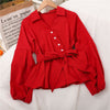 Korean V-Neck Button Ruffle Shirt Women Elegant Lantern Sleeve Elastic Waist Blouses Sweet Lace-Up Sashes Pullover Tops