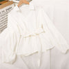 Korean V-Neck Button Ruffle Shirt Women Elegant Lantern Sleeve Elastic Waist Blouses Sweet Lace-Up Sashes Pullover Tops