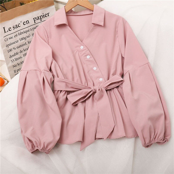 Korean V-Neck Button Ruffle Shirt Women Elegant Lantern Sleeve Elastic Waist Blouses Sweet Lace-Up Sashes Pullover Tops