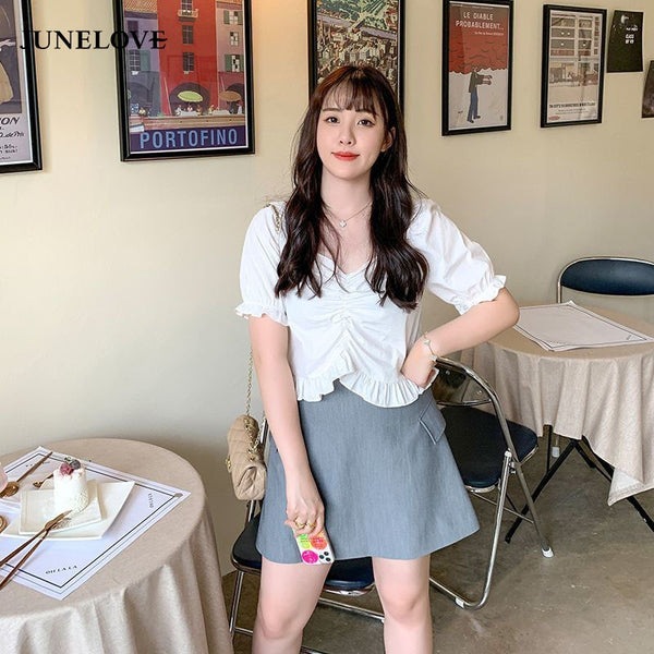 Korean V-neck Short Sleeve Shirt Vintage Woman Ruffles Fit Blouse Ladies Crop Top Female Plus Size Blouse Tops