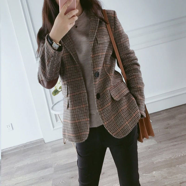 Korean Version Short Wool Plaid Suit Jackets Work Women's Autumn 2023 Large Size Retro Ladies Female Office Business Blazer