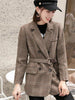 Korean Version Suit Blazer Jacket Women Casual Literary Top Temperament Slim Suit Collar Belt Plaid Woolen Coat Female LR2376