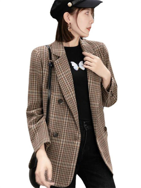 Korean Version Suit Blazer Jacket Women Casual Literary Top Temperament Slim Suit Collar Belt Plaid Woolen Coat Female LR2376