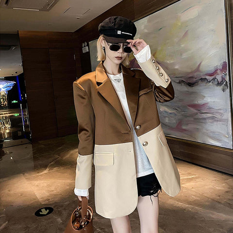 Korean Vintage Color Matching Blazers Casual Caramel Color Women Outwear Spring Lapel Long Sleeve Chic Zipper Female Suit Jacket